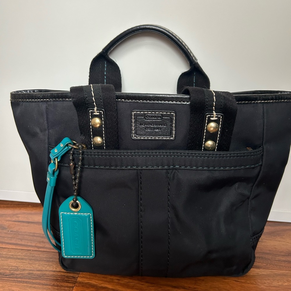 COACH mini tote bag nylon black teal purse